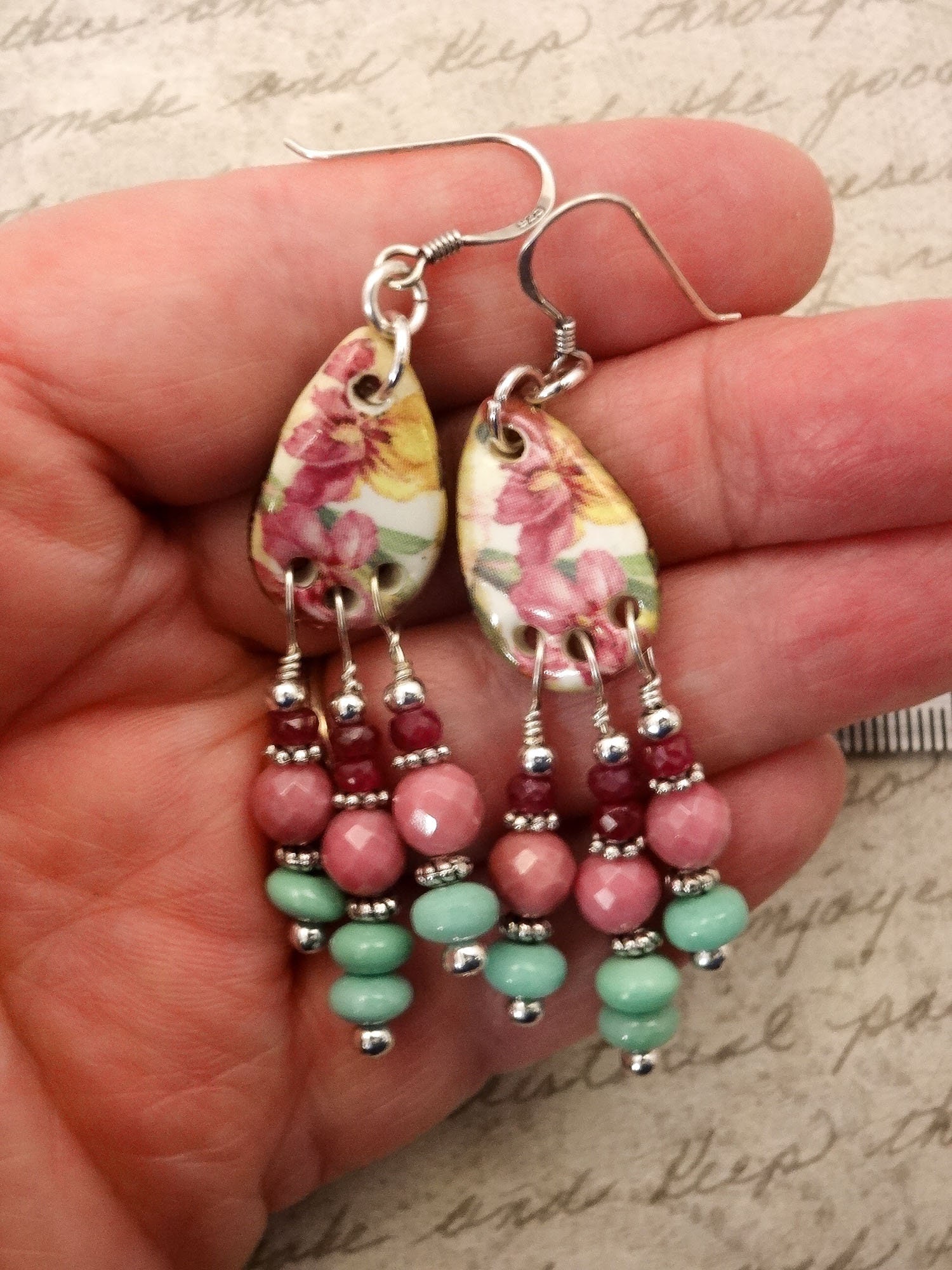 Pink and Green Earrings, Chandelier Earrings, Artisan Ceramic Earrings ...