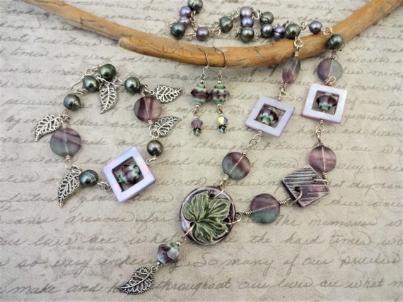 Fluorite, Freshwater Pearls, Glass and Artisan Ceramic Necklace, Bracelet and Earring Set, Green and Lavender Jewelry