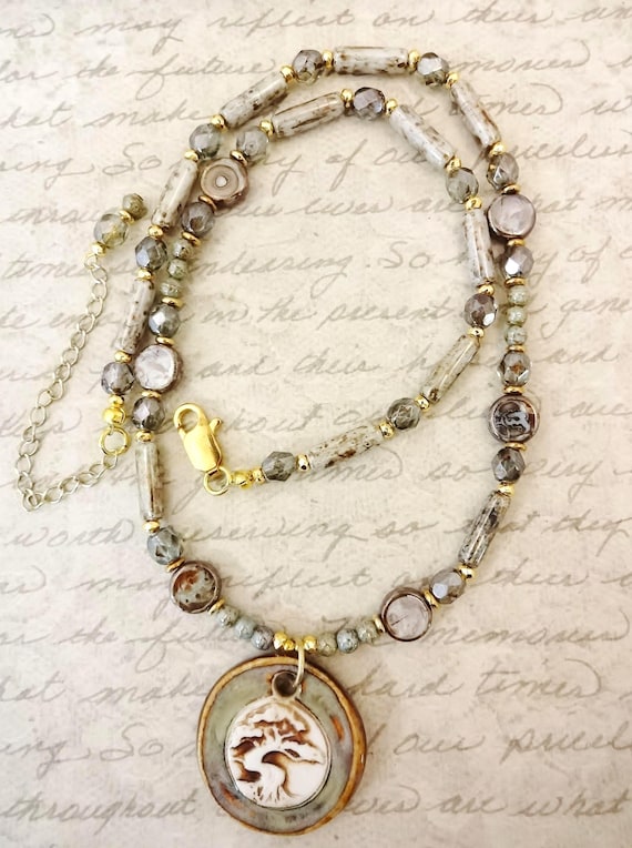 Tree of Life Necklace: Artisan Porcelain Pendant, Czech Glass Silvery Green Picasso