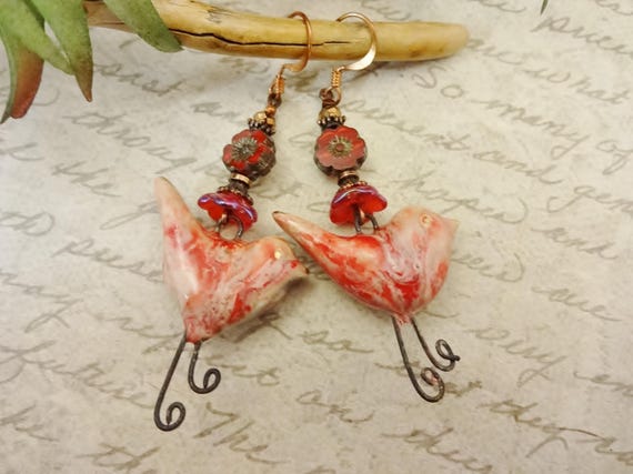 Porcelain Bird and Czech Glass Flower Earrings, Artisan Birds, Red Birds and Blooms Earrings, Gift for Her