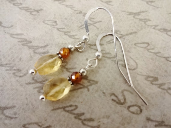 Citrine and Hessionite Garnet Gemstone Earrings, Yellow and Orange Stone Earrings, Birthstone Earrings, November Birthstone