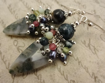 Moss Agate Cluster Earrings: Sterling Silver, Peridot, Pearl