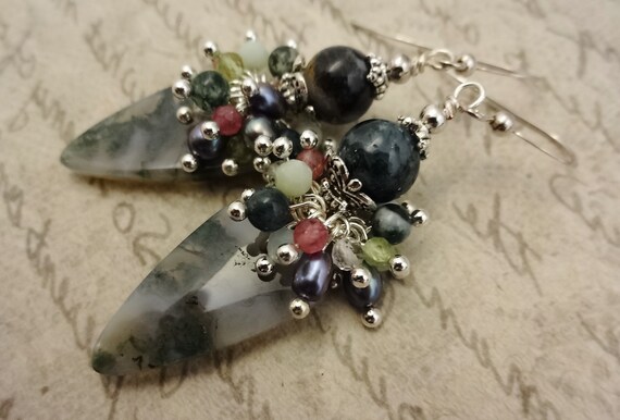 Green Gemstone Cluster Earrings with Moss Agate, Periodot, Cherry Quartz, Amazonite, Pearl and Sterling Silver