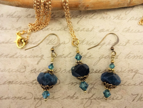 Apatite Nuggets and Swarovski Crystals with Antique Brass, Necklace and Earrings Set, Gift for Her