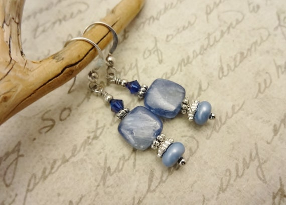 Kyanite Pearl and Crystal Earrings, Blue Gemstone Earrings, Blue Kyanite Jewelry, Gift for Mom, Gift for Wife