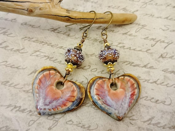 Bohemian Ceramic Heart Earrings: Lampwork Glass, Artisan Jewelry