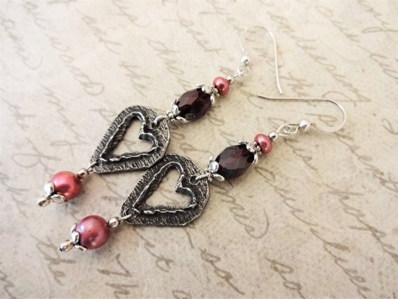 Hearts and Garnets Artisan Earrings with Rustic Inviciti Pewter Hearts, Garnets and Pearls, Primitive Gothic Earrings