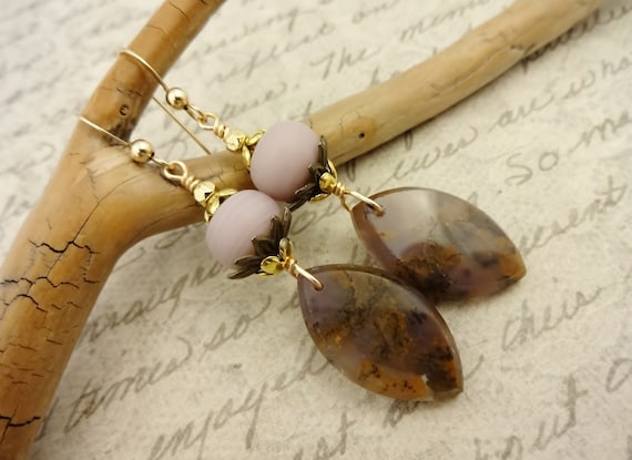 Dendritic Agate and Lampwork Glass Earring, Gorgeous Natural Stone Earrings in Purples and Browns