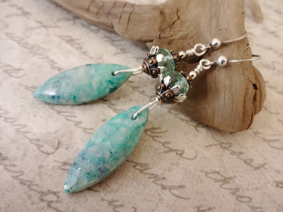 Aqua Gemstone Earrings, Sterling Silver Chrysoprase and Fluorite Gemstone Earrings, Gift for Her