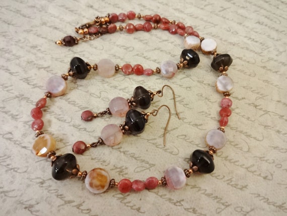 Rhodonite, Smoky Quartz, Pink Crackle Agate: Gemstone Necklace and Earring Set