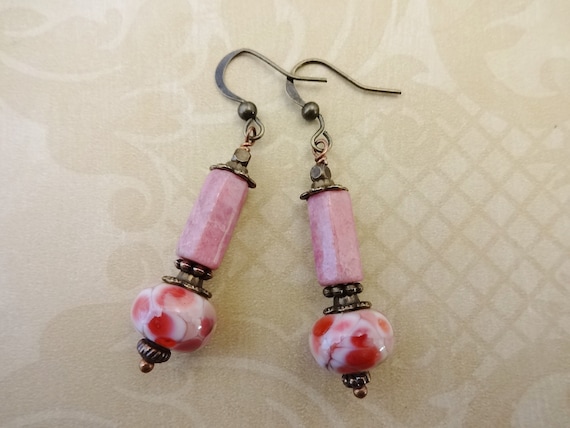 Rhodonite and Lampwork Earrings, Rhodonite Gemstone Earrings, Rose Pink Dangle Earrings, Gift for Her