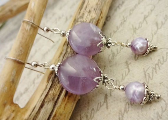 Lavender Amethyst and Pearl Earrings, February Birthstone Earrings, Lavender Earrings, Birthstone Jewelry, Gift for Her