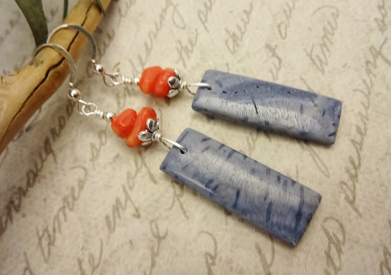 Blue Sponge Coral and Orange Branch Coral Earrings, Blue and Orange Earrings, Gift for Girlfriend, Gift for Her