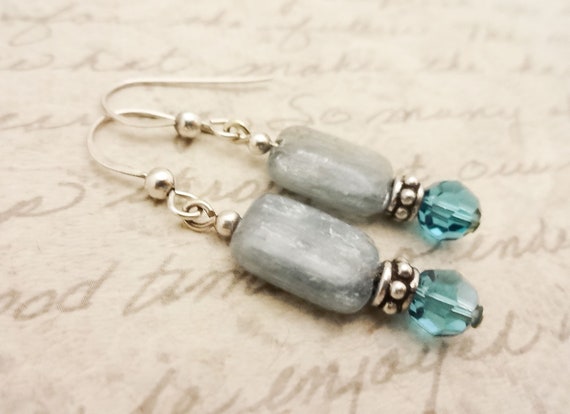 Kyanite and Swarovski Crystal Earrings, Blue Gemstone Earrings, Blue Kyanite Jewelry, Gift for Mom, Gift for Wife