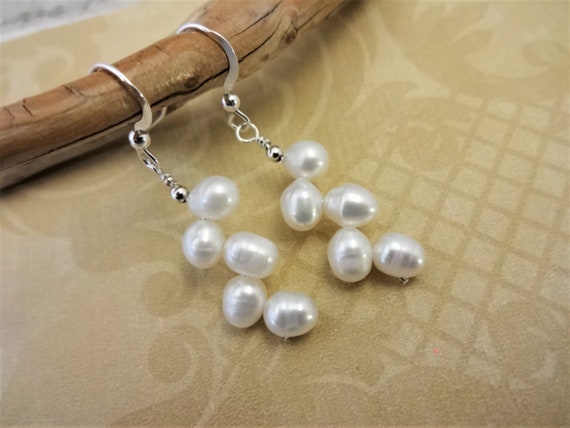 Gorgeous White Pearl Earrings Herringbone Drilled Freshwater Pearl Earrings, Sterling Silver, Gift for Her, Unique Earrings