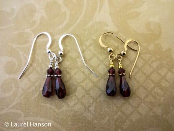 Garnet Drop Earrings: Sterling Silver or 14k Gold Fill, January Birthstone Jewelry