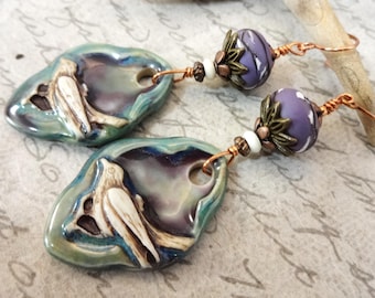 Ceramic Bird Earrings: Purple Polymer Rondelle Mixed Metal Artisan Jewelry