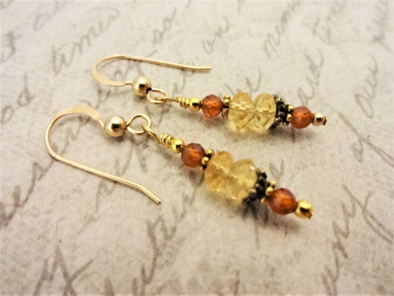 Citrine and Hessionite Garnet Gemstone Earrings, Yellow and Orange Stone Earrings, Birthstone Earrings