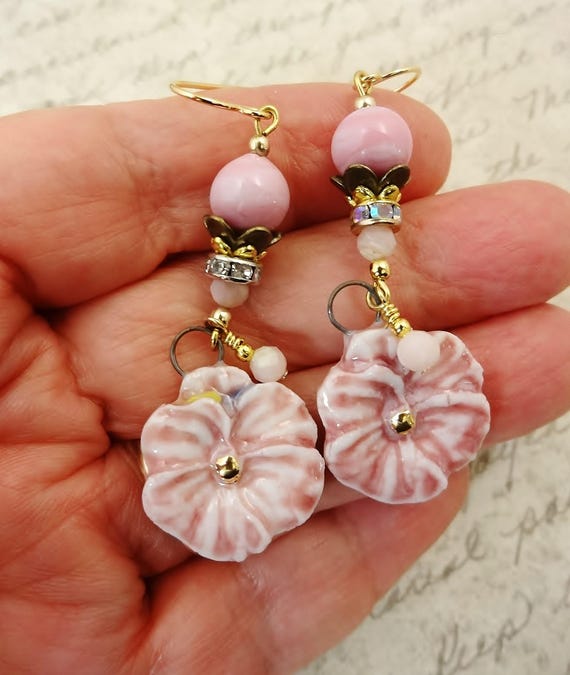 Pink Ceramic Flower Earrings: Lamp Glass and Opal Accent Beads