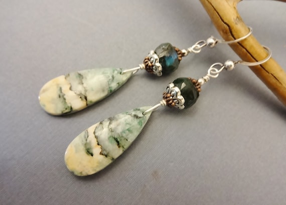 Teardrop Stone Earrings, Green Mariposa Jasper and Labradorite Earrings, Green Gemstones, Gift for Her