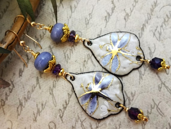 Enamel Dragonfly Earrings: Lavender Purple White with Lampwork Glass and Amethyst
