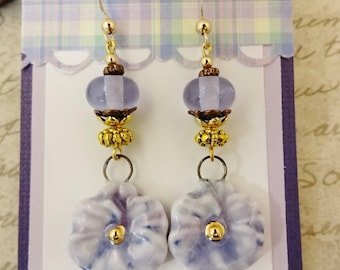 Shabby Chic Ceramic Flower Earrings: Lavender Lamp Glass, Artisan Made
