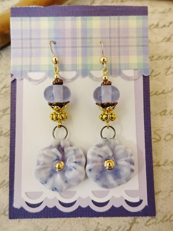 Shabby Chic Ceramic Flower Earrings: Lavender Lamp Glass, Artisan Made