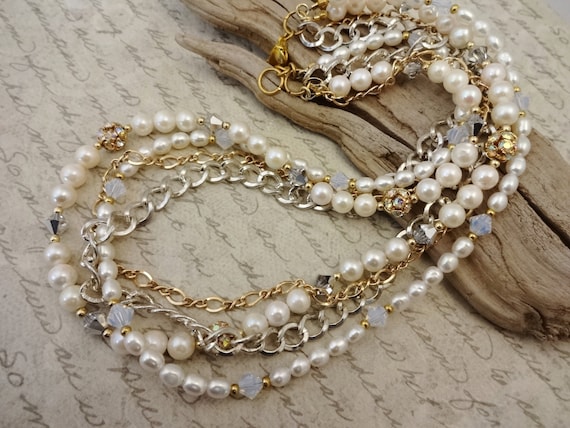 Four Strand Pearl and Crystal Necklace, White Pearls Crystals Silver and Gold Chain, Bridal Jewelry Wedding Necklace