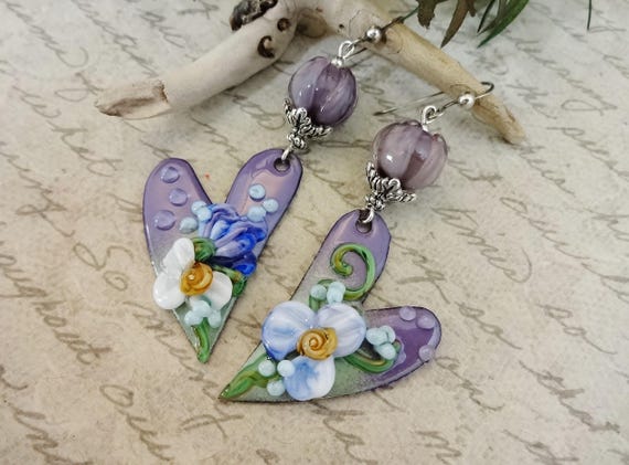 Lavender Purple Green Artisan Lampworked Enamel Earrings One of a Kind