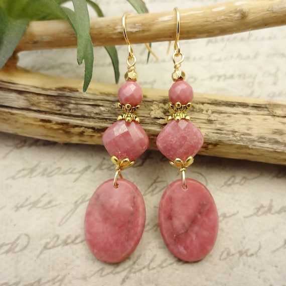 Designer Rhodonite Gemstone Earrings, One of a Kind Handmade Earrings, Gift for Her, Artisan Rose Stone Earrings