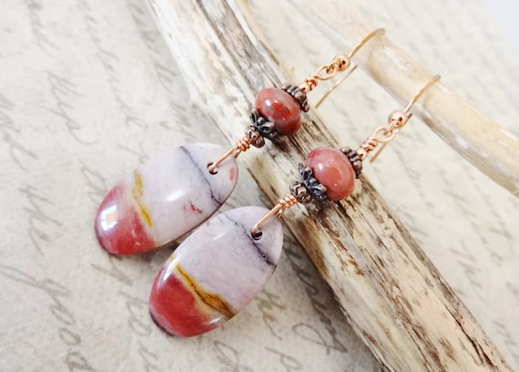 Mookaite and Red Jasper Gemstone Earrings, Natural Jasper Earrings, Dark Maroon Stone Earrings, Gift for Mom