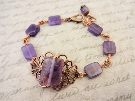 Amethyst and Copper Filigree Bracelet, Faceted Amethyst Bracelet and Earring Set, Gift for Her, February Birthstone