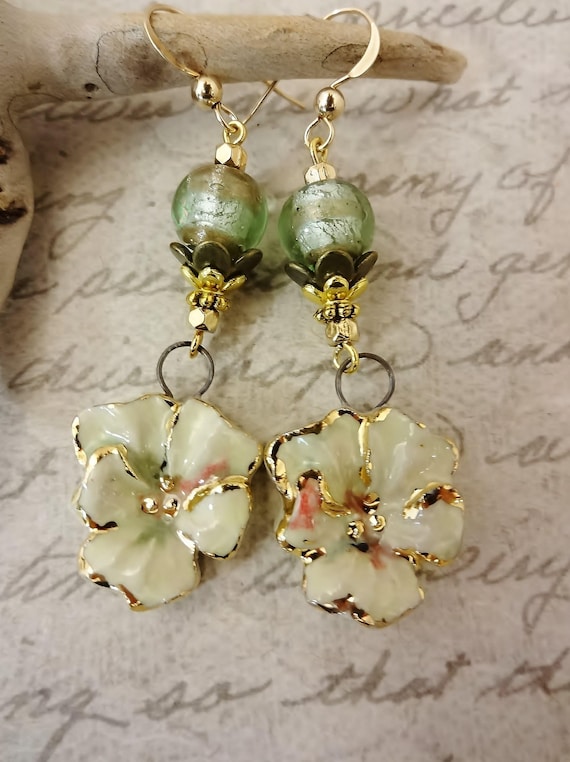 Shabby Chic Ceramic Flower Earrings: Green Foil Glass, Artisan Made
