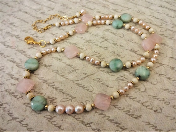 Rose Quartz and Mint Chrysoprase Necklace, Pearls and Gemstone Jewelry, Mint Green and Pink, Gift for Her