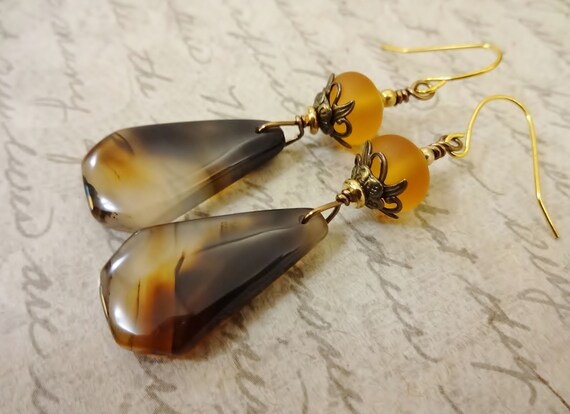 Montana Agate Gemstone Earrings, Brown and Gold Designer Earrings, Gift for Her, Gemstone and Lampwork Earrings