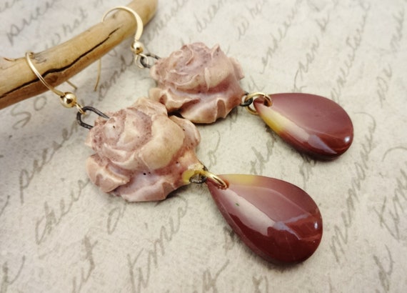 Artisan Porcelain Roses and Mookaite Jasper Earrings, Natural Jasper Earrings, Dark Maroon and Dusty Pink Earrings