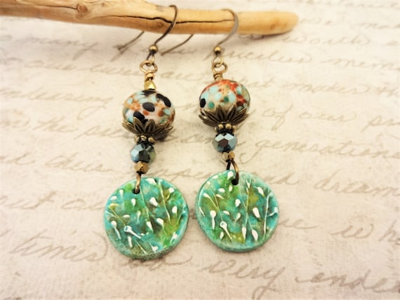 Rustic Green Polymer Clay and Lampwork Glass Earrings with Antique Brass and Czech Glass, Artisan Earrings