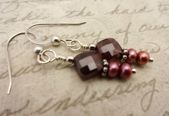 Garnet Earrings, January Birthstone Earrings, Garnet and Pearl, Red Gemstone, Garnet Jewelry, Gift for Her, Gift for Wife