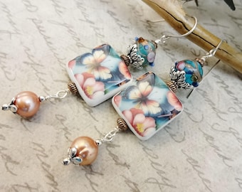 French Porcelain Butterflies and Pearls: Lampwork Glass Peach and Aqua Earrings