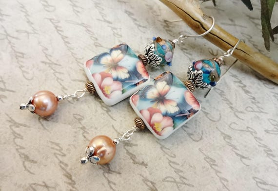 French Porcelain Butterflies and Pearls: Lampwork Glass Peach and Aqua Earrings