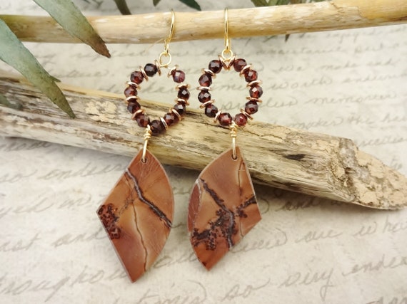 Naural Chohua Jasper and Faceted Garnet Earrings, Dark Red and Dusty Pink, Gift for Her, One of a Kind Jewelry, Hoops and Triangles