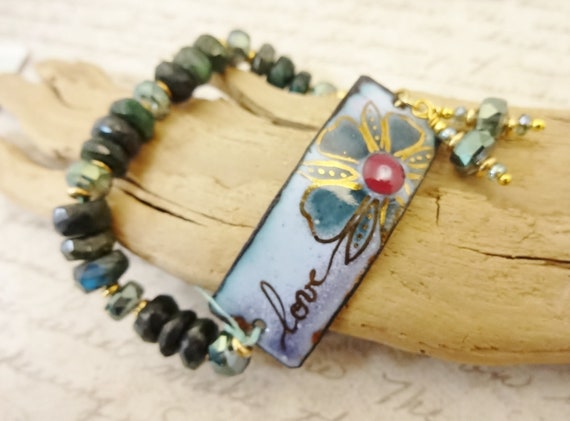 Artisan Enamel and Gemstone Bracelet, One of a Kind Enamel and Labradorite Jewelry, Green Labradorite, Gift for Her