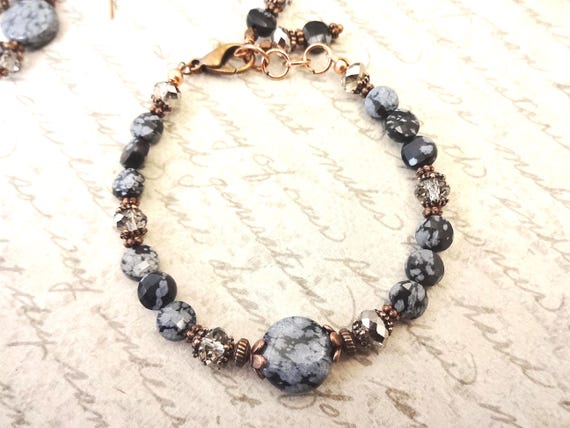 Snowflake Obsidian and Czech Glass Bracelet, Black and Gray Gemstone Jewelry, Gift for Her, Obsidian Bracelet