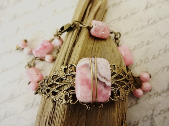 Rhodochrosite Bracelet: Brass Filigree Pink Gemstones