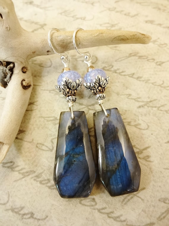 Labradorite Gemstone Earrings with Lampwork Glass, Gorgeous Blue Flash Gemstone One of a Kind Earrings, Gift for Her
