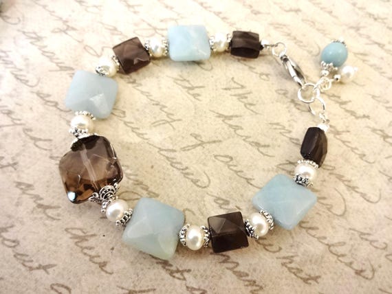 Amazonite, Smoky Quartz and White Pearls Bracelet, Gemstone and Pearls Bracelet, Gift for Her, Aqua White Brown