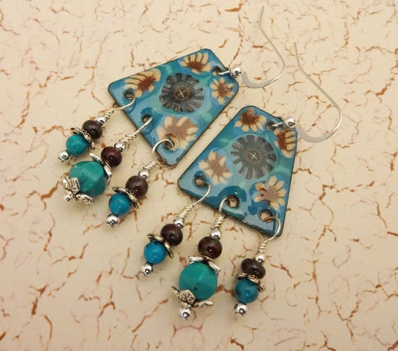 Artisan Enamel, Turquoise and Enamel Artisan Earrings, Blue Brown Tan Boho Earrings, Boho Gypsy Chandelier Earrings
