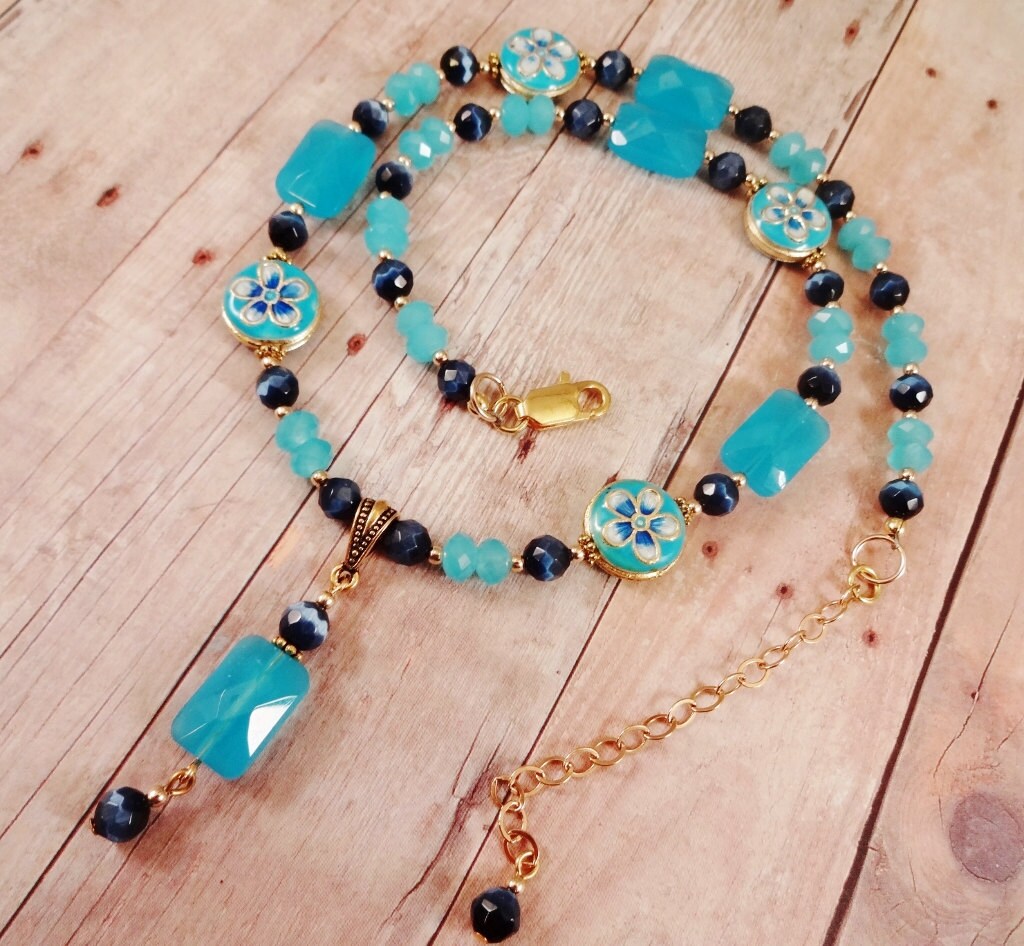 Blue Quartz Necklace, Caribbean Blue Jewelry, Blue Enamel Necklace