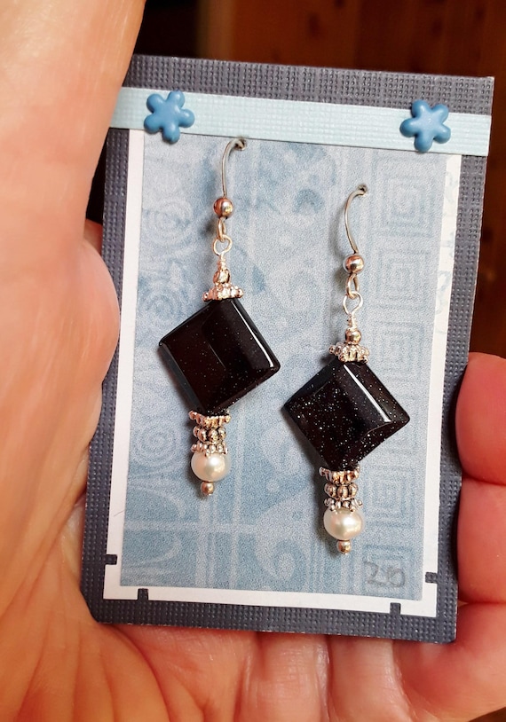 Blue Stone and White Pearl Earrings, Blue Goldstone and Pearl Earrings, Everyday Earrings, Handmade Earrings