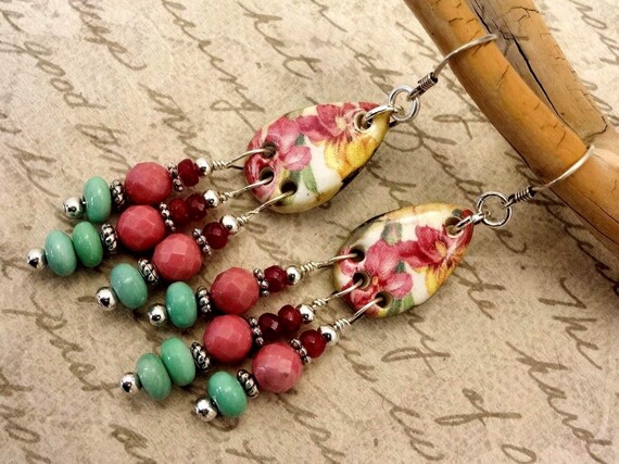Artisan Ceramic Chandelier Earrings: Chrysoprase, Rhodonite & Ruby